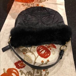 Coach black fabric bag with fur trim